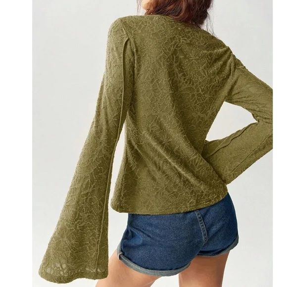 Solid lace Fitted Long Bell Sleeve Top